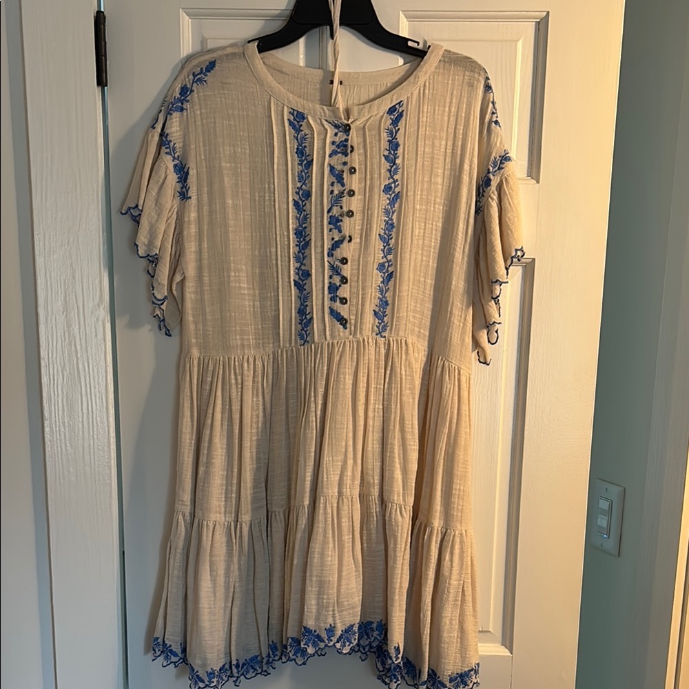 Cream Dress with Blue Embroidery